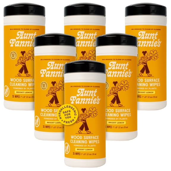 Aunt Fannie's Wood Surface Cleaning Wipes, Multipurpose Wood Surface Cleaner for Cabinets, Furniture, and Wood Floors, Lemon Scent, 35 Count (Pack of 6)