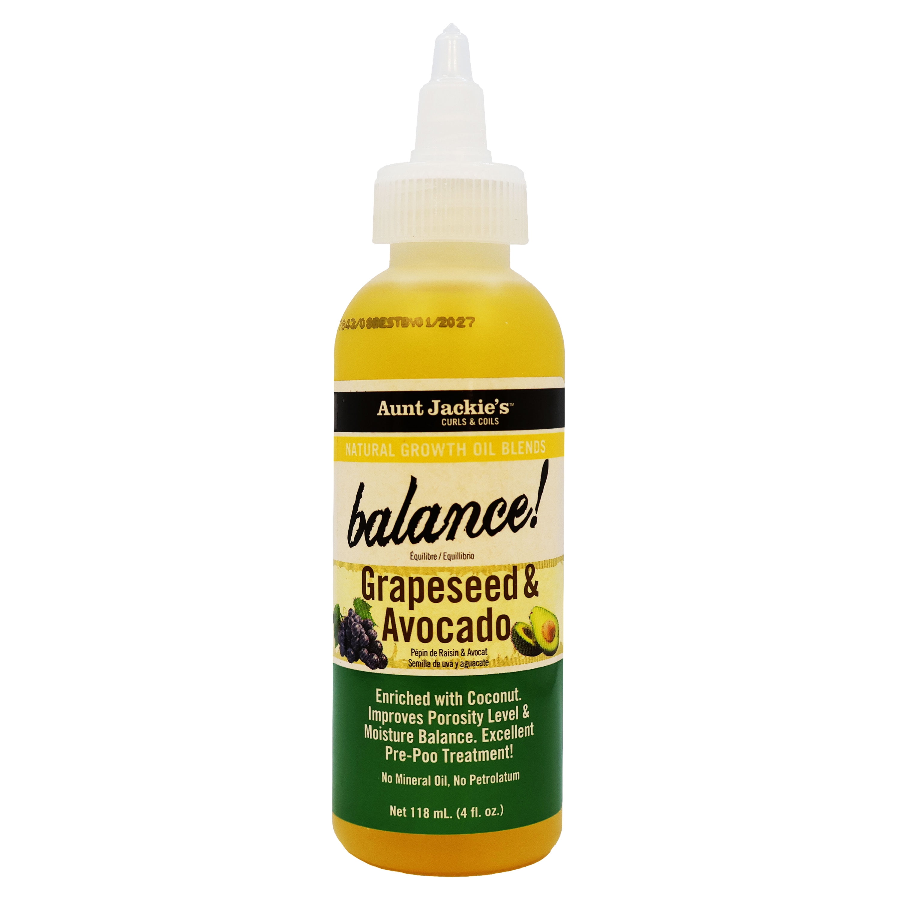 Aunt Jackie's Balance Grapeseed and Avocado Growth Oil 4 Oz., Pack of 6