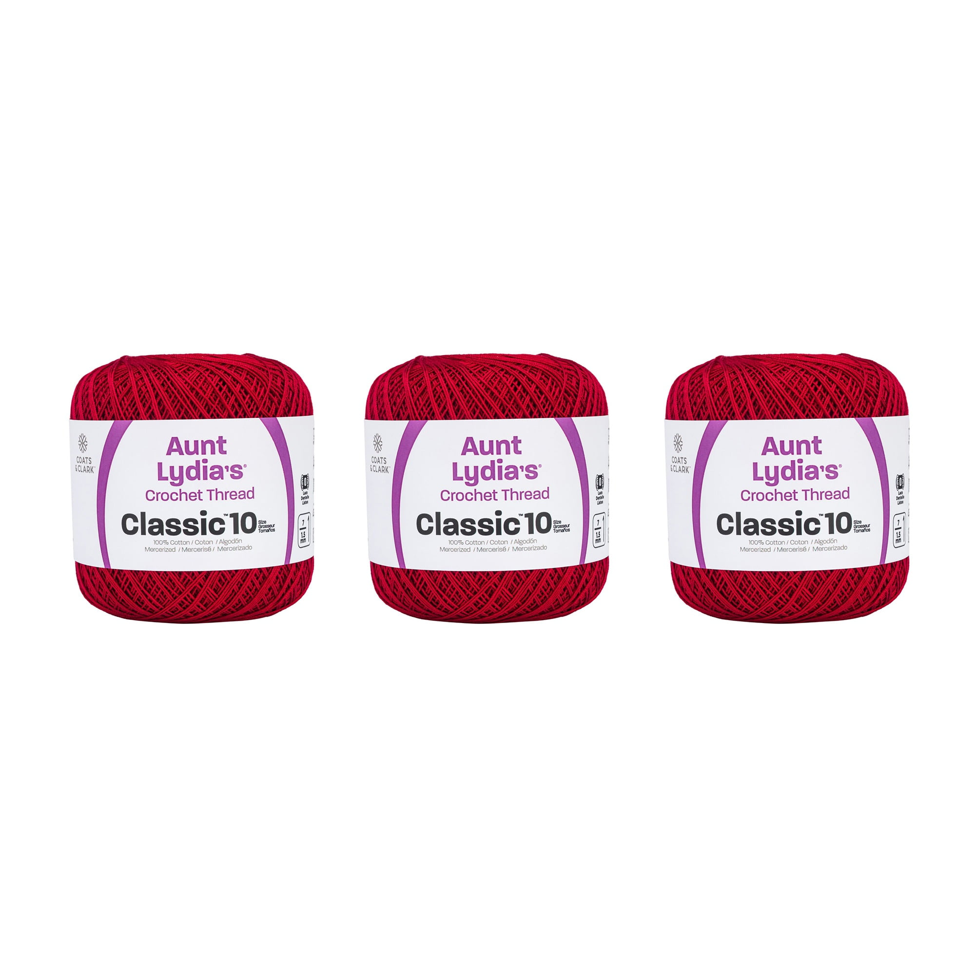 Aunt Lydia Classic Cardinal Red Crochet - 3 Pack of 350y/320m - Cotton - Gauge 10 - Crochet