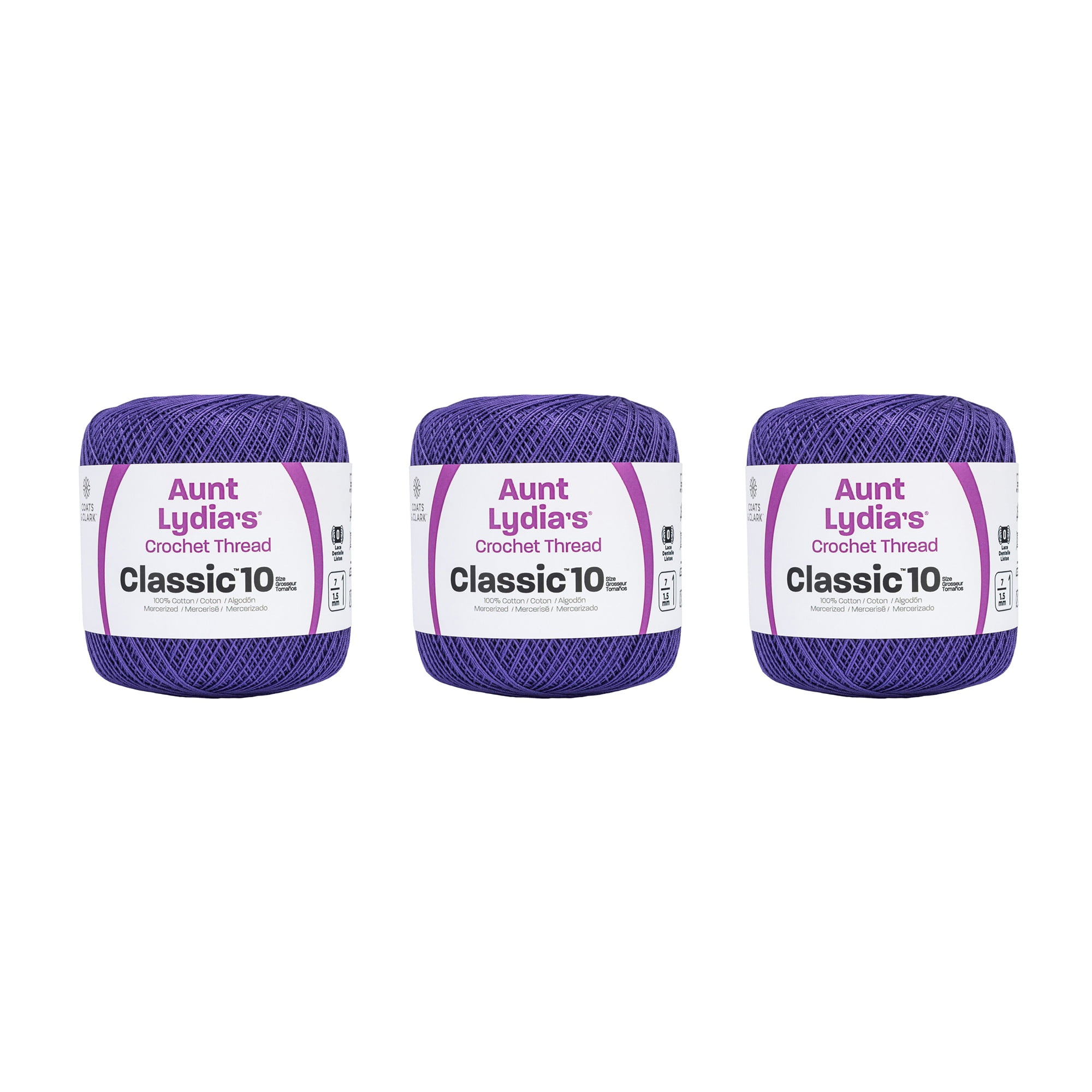 Aunt Lydia Classic Violet Crochet - 3 Pack of 350y/320m - Cotton - Gauge 10 - Crochet