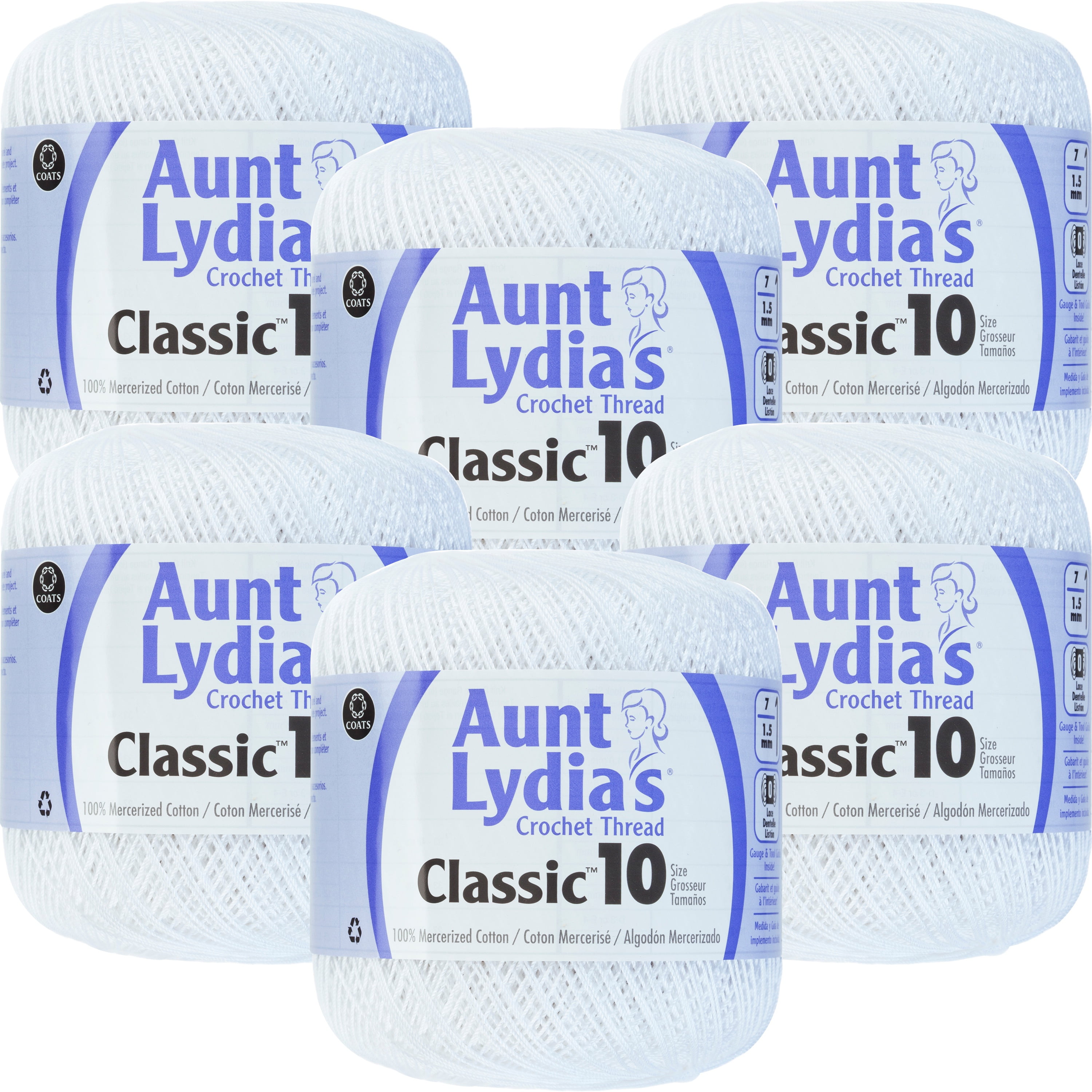 COATS Aunt Lydia's Classic Crochet Thread Size 10-White, Multipack Of 6