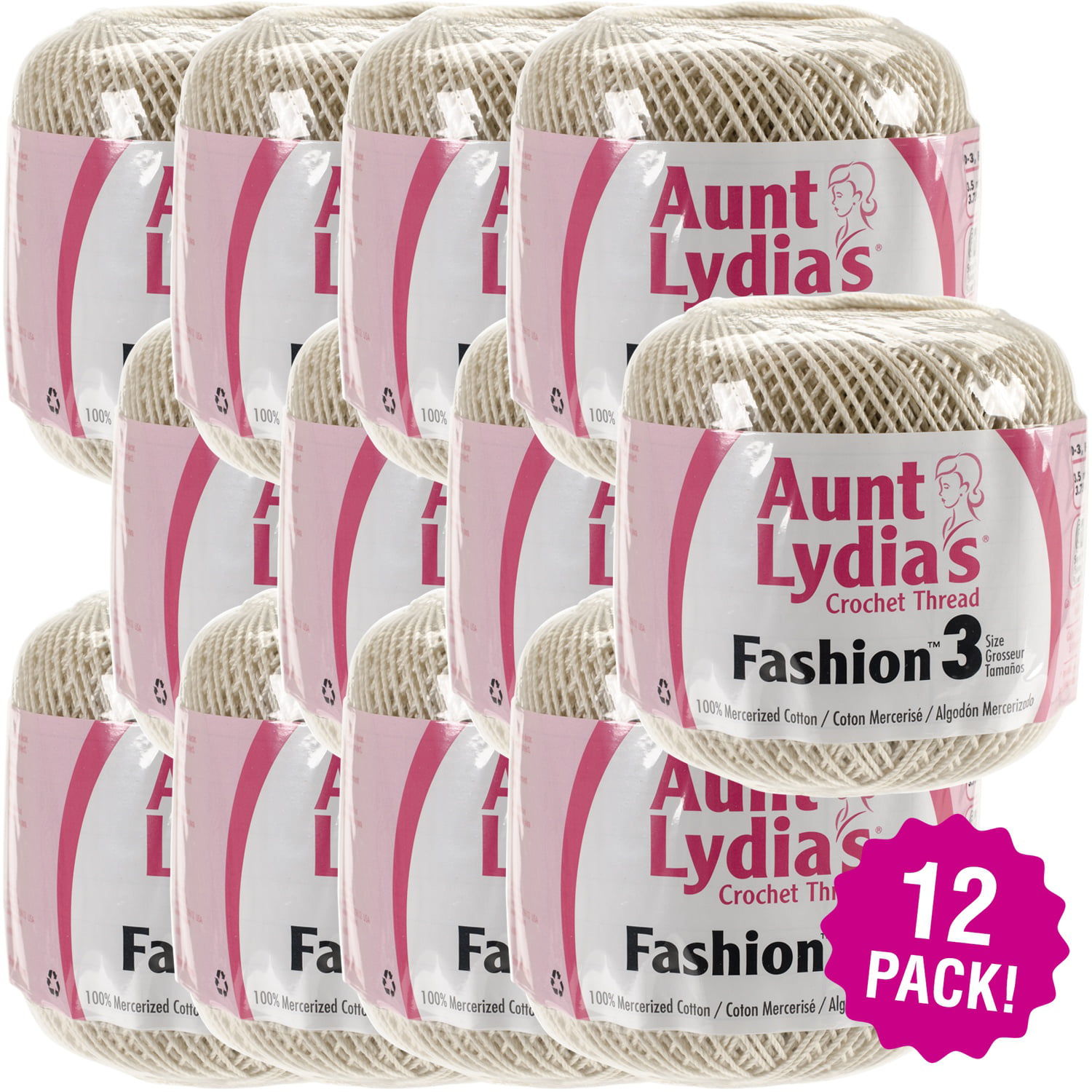 Aunt Lydia's Fashion Crochet Thread Size 3 - Natural, Multipack of 12