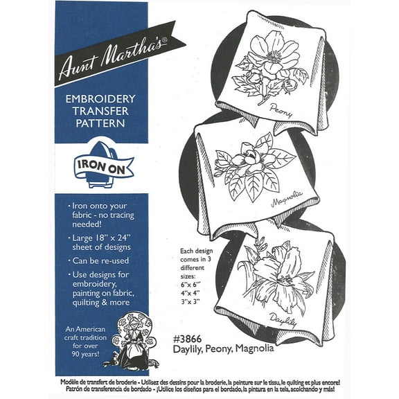 Aunt Martha's Daylily Peony Magnolia 3866 embroidery iron on pattern