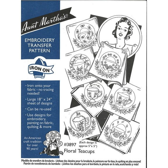 Aunt Martha's Floral Teacups 3897 iron on embroidery patterns