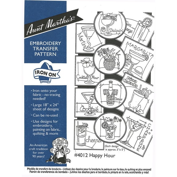 Aunt Martha's Happy Hour Cocktails 4012 iron on embroidery patterns