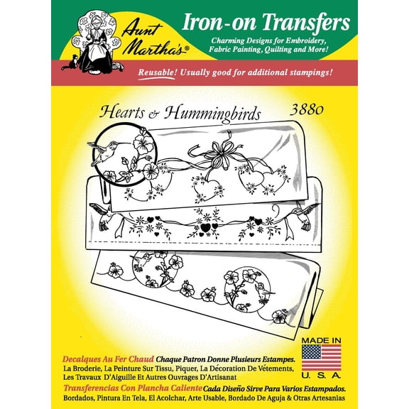 Aunt Marthas Iron On Transfer Pattern Tracing Paper Hearts and Hummingbirds #3880