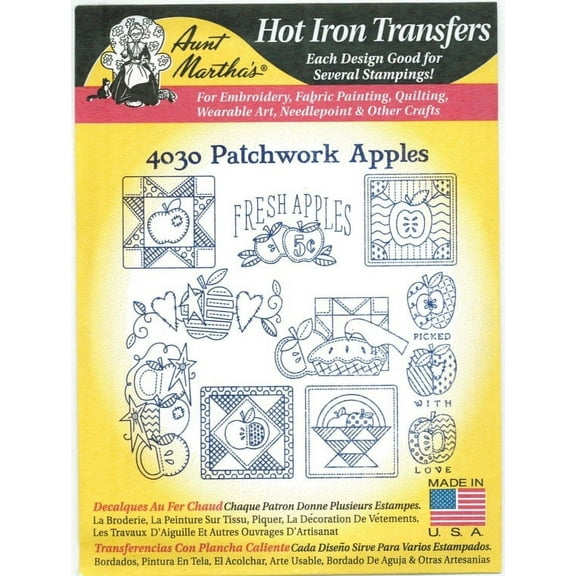 Aunt Martha's Patchwork Apples Hot Iron Embroidery Transfer for Fabric (18"x24" Sheet)