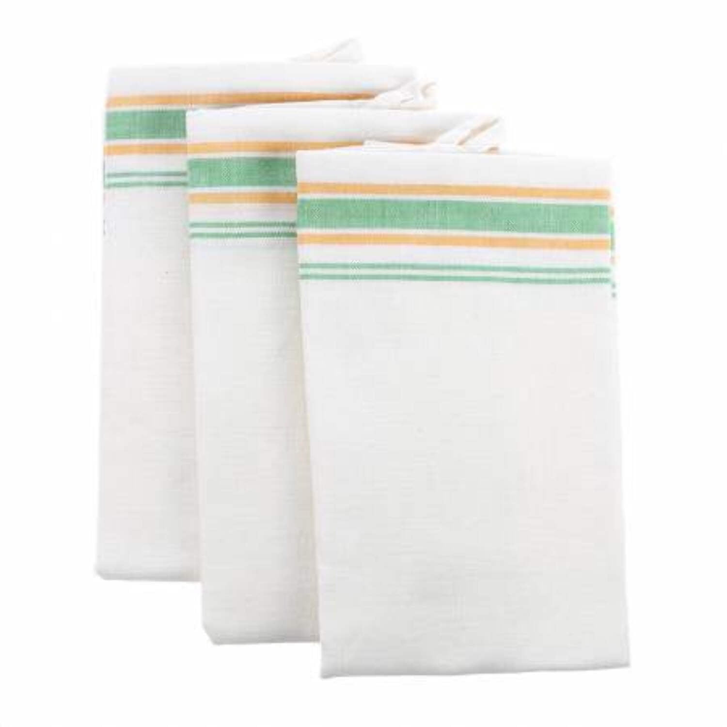 Vintage Green and Yellow Striped Cotton Kitchen Towels Set of 3