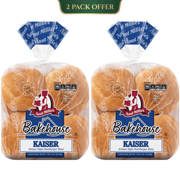 Aunt Millie's Bakehouse Kaiser Artisan Style Hamburger Buns, 8 Count, 17 oz, 2 Pack