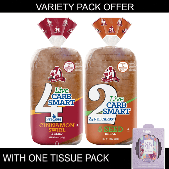 Aunt Millie's Live Carb Smart Bread Cinnamon Swirl & 5 Seed Vegan Low Carb High Fiber 14 Oz Each