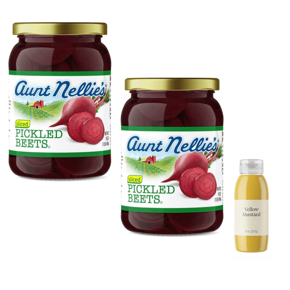 Aunt Nellie's Sliced Pickled Beets, 16 oz, 2 Pack with yellow Mustard Bottle