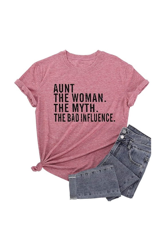 Aunt The Women The Myth The Bad Influence Graphic Tees for Women Antie T-Shirt Short Sleeve Crewneck Funny Saying Tshirt