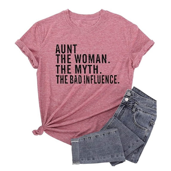 Aunt The Women The Myth The Bad Influence Graphic Tees for Women Antie T-Shirt Short Sleeve Crewneck Funny Saying Tshirt