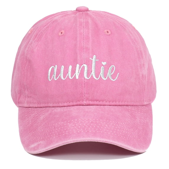 Auntie Embroidered Baseball Cap, Pink Washed Distressed Denim Dad Hat with Text Design, Adjustable Casual Hat for Women, Pregnancy Announcement Gift for New Auntie, Matching Couple Cap