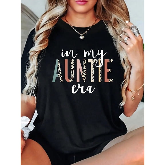 Auntie Era" Leopard Print Cotton T-Shirt - Casual & Comfy, Machine Washable, Perfect Gift For Aunts