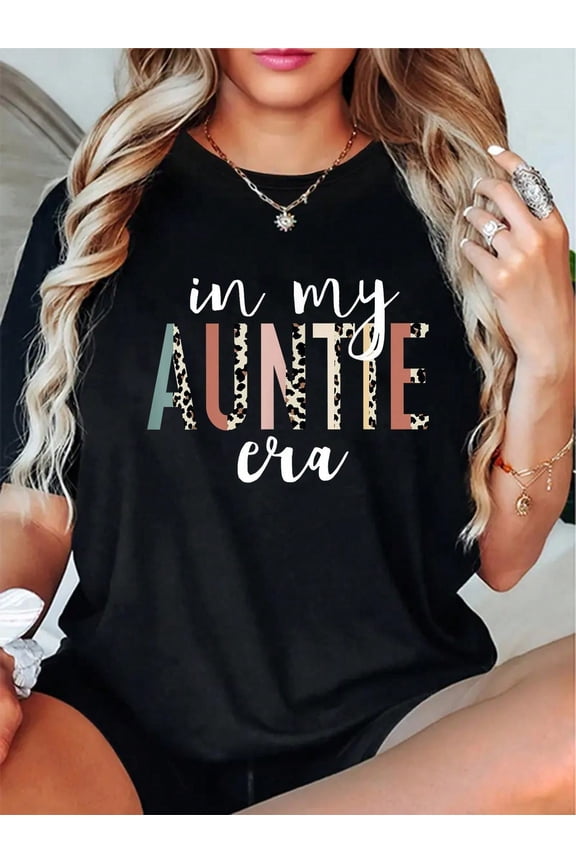 Auntie Era" Leopard Print Cotton T-Shirt - Casual & Comfy, Machine Washable, Perfect Gift For Aunts
