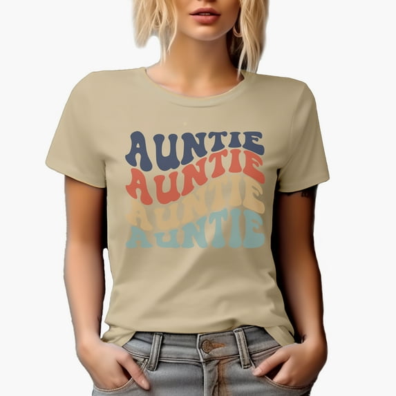 Auntie, Family Themed, Groovy Retro Wavy Text Merch Gift, Tan T-Shirt, XL