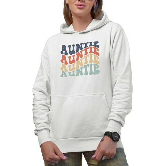 Auntie, Family Themed, Groovy Retro Wavy Text Merch Gift, White Hooded Sweatshirt or Hoodie, Small