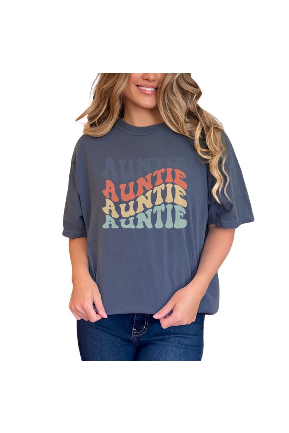 Auntie, Family or Aunt Themed, Groovy Retro Wavy Text, Denim Comfort Colors T-Shirt, Small