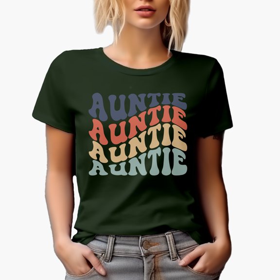 Auntie, Family or Aunt Themed, Groovy Retro Wavy Text Merch Gift, Military Green T-Shirt, XL