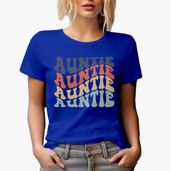 Auntie, Family or Aunt Themed, Groovy Retro Wavy Text Merch Gift, Royal Blue T-Shirt, Medium