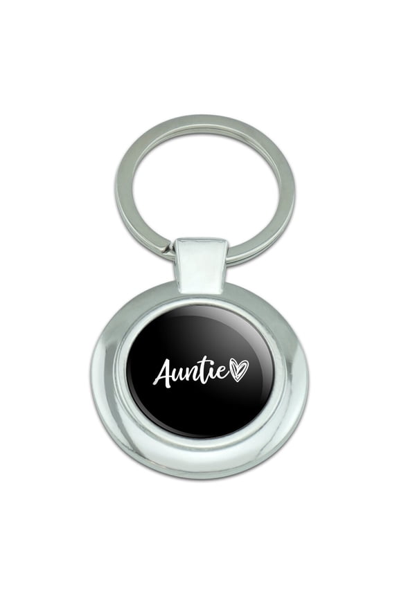 Auntie Heart Keychain Classy Round Chrome Plated Metal