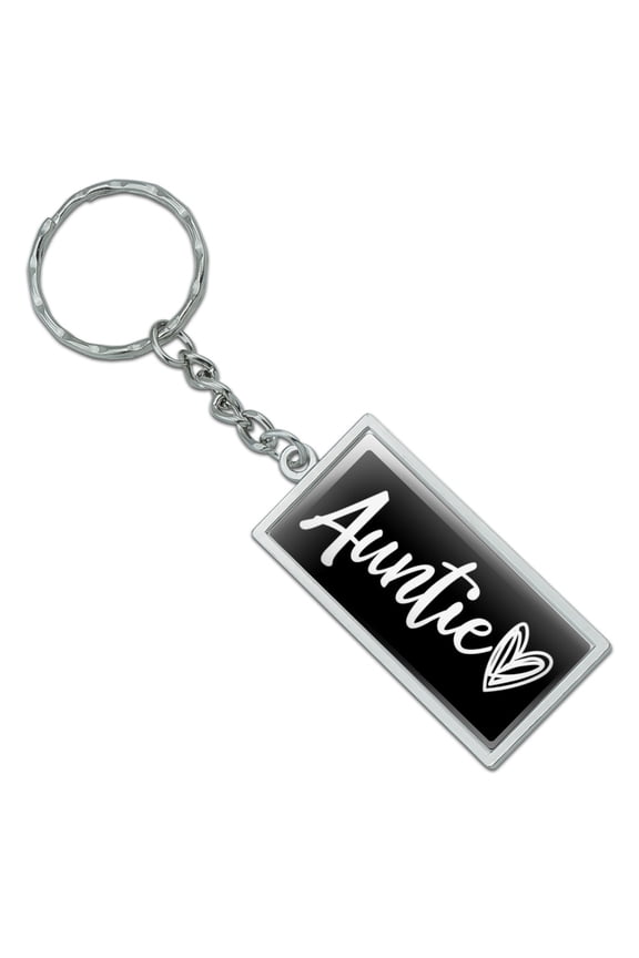 Auntie Heart Rectangle Keychain in Chrome Plated Metal