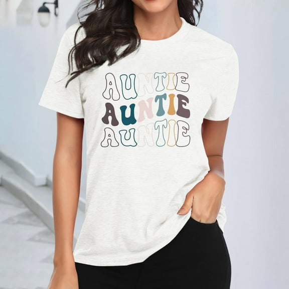 Auntie T Shirt Women Cute Heart Print Aunt Tops Tees Casual Short Sleeve Vacation Shirts Tops Shirts for Women Tall Neck Shirts for Women Stripped Shirts for Women Womens Running Tee Shirts Ladies