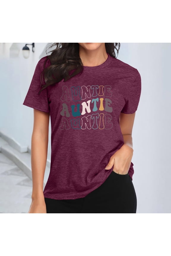 Auntie T Shirt Women Cute Heart Print Aunt Tops Tees Casual Short Sleeve Vacation Shirts Tops Women's T Shirt Medium Women's Casual Shirts Sleeve T Long Sleeve Compression Shirt Women Short Sleeve