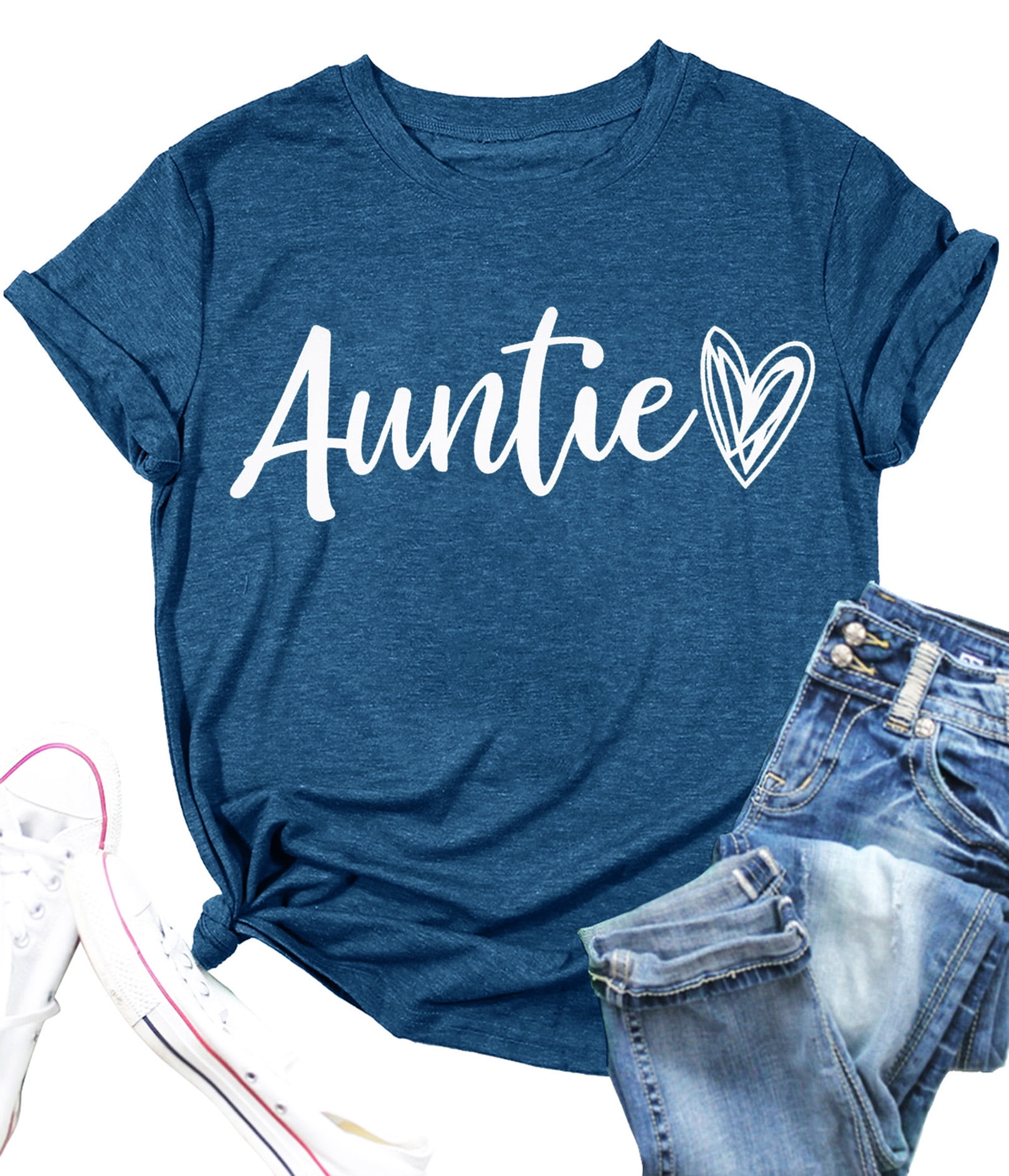 Auntie T Shirt Women Cute Love Heart Print Bless Aunt Tops Tees Casual Short Sleeve Vacation