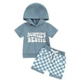 thumbnail image 1 of Auntie's Bestie Baby Outfit Toddler Baby Boy Summer Clothes Short Sleeve Hooded Top T-shirt and Checkerboard Shorts Set, 1 of 7
