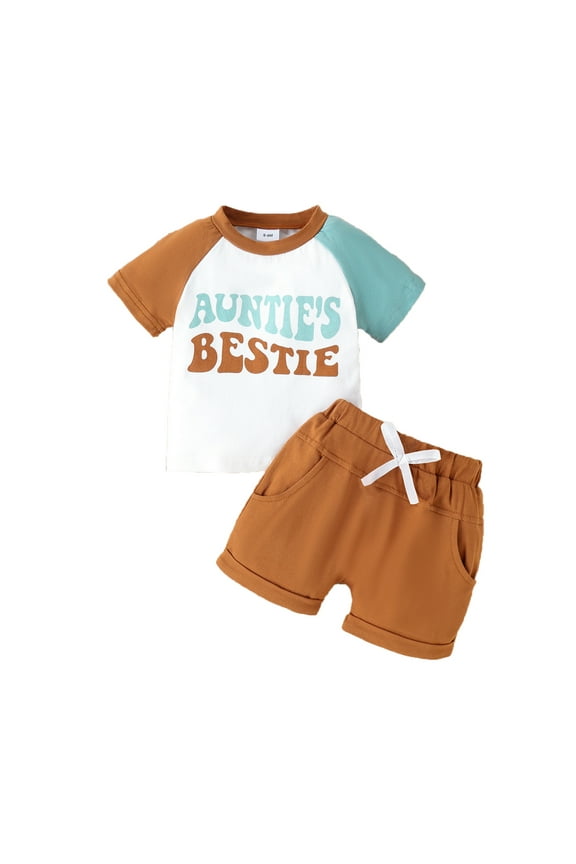 Auntie's Bestie Girl Summer Outfit Sets Short Sleeve Color Block Shirt Shorts with Pockets Clothes