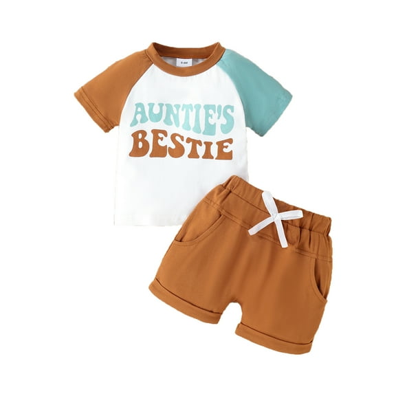 Auntie's Bestie Girl Summer Outfit Sets Short Sleeve Color Block Shirt Shorts with Pockets Clothes