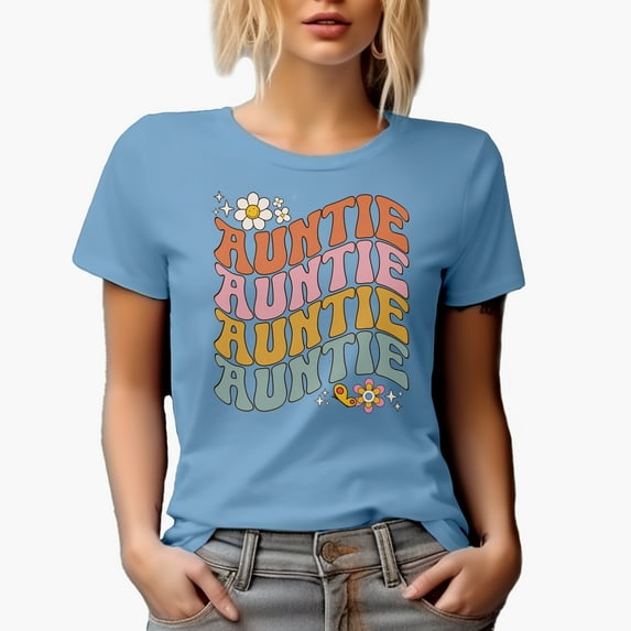 Auntie with Cute Flowers & Butterfly, Family Themed, Groovy Retro Wavy Text Merch Gift, Baby Blue T-Shirt, Large
