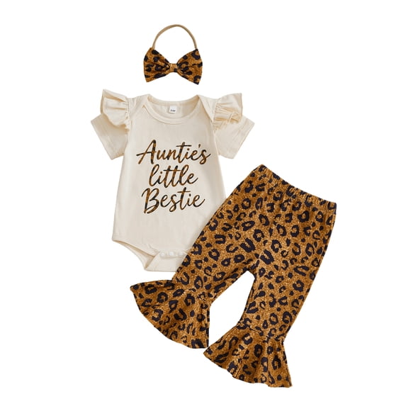 Aunties Bestie Baby Girl Clothes Aunt Saying Letter Embroidery Ruffle Romper Leopard Pant Headband