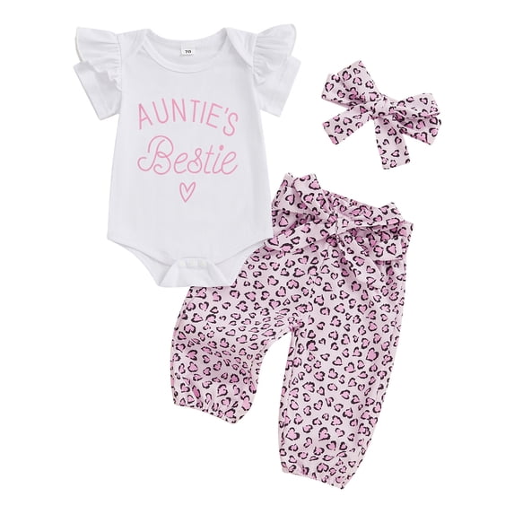 Aunties Bestie Baby Girl Clothes Aunt Saying Letter Embroidery Ruffle Romper Leopard Pant Headband