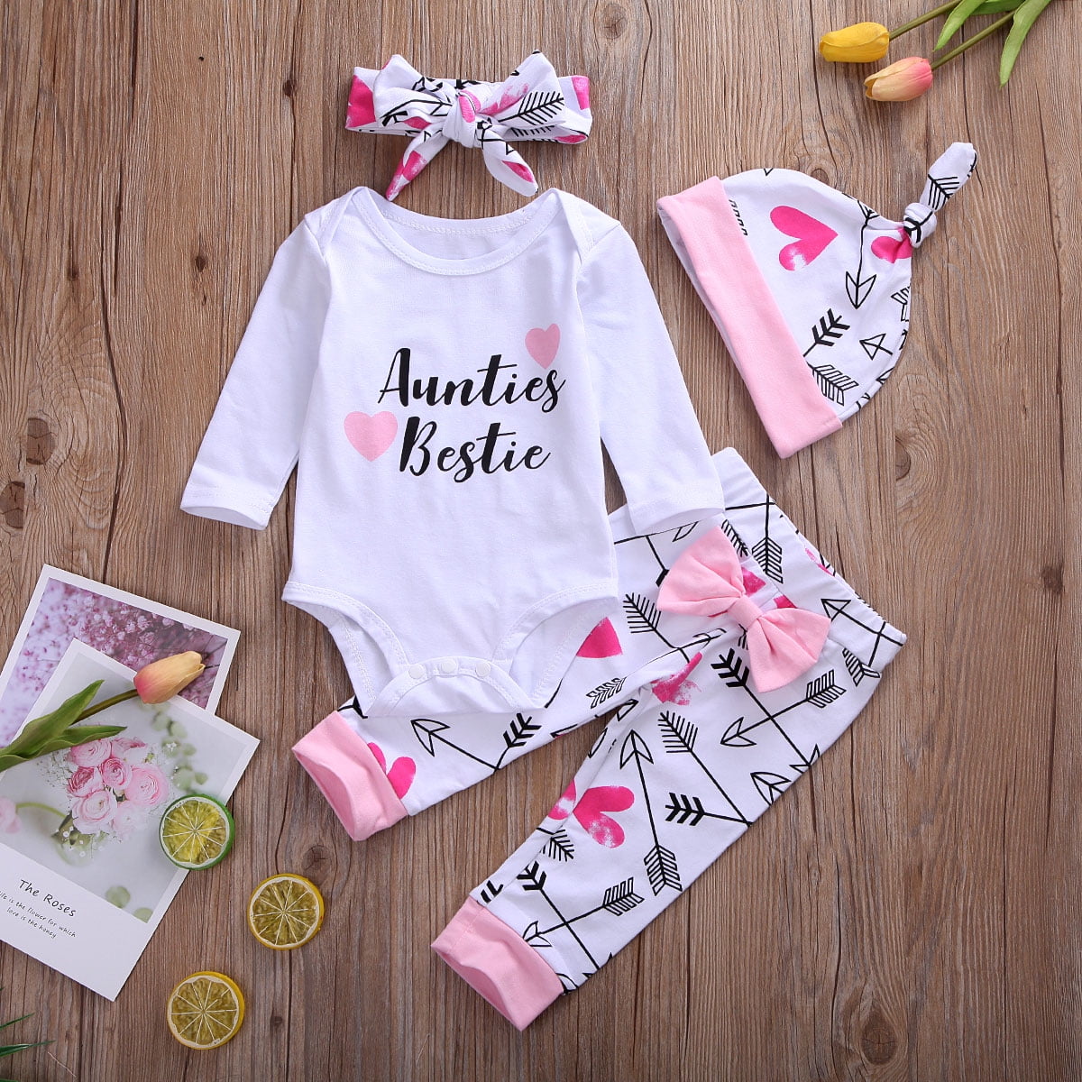 Aunties Bestie Newborn Infant Baby Girl Outfits Clothes 4Pcs Set
