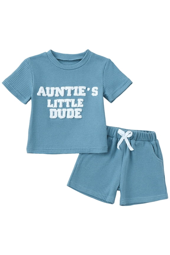 Aunties Little Dude Baby Outfit Toddler Boy Short Sleeve T Shirts and Waffle Shorts Set 2Pcs Summer Clothes