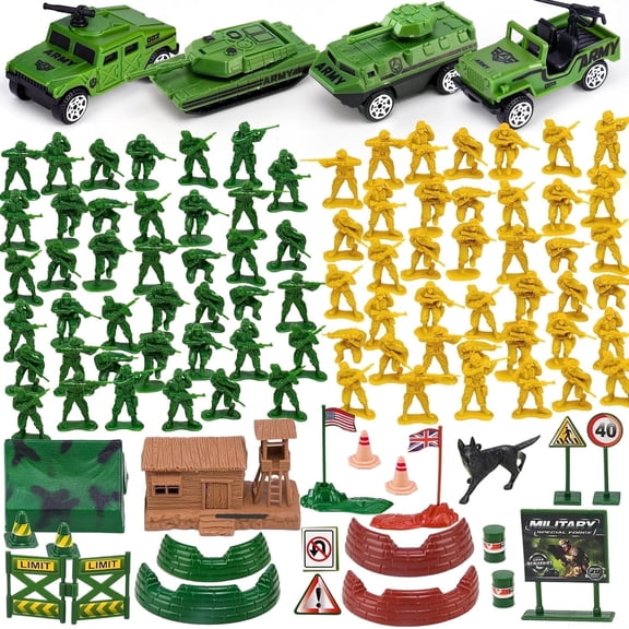 AuntyFey 105 Pieces Army Men Play Set with Action Figures & Accessories, Soldiers Toys for Boys Kids, Military Toys Set with Army Men Tank, Plane, Green Army Men, Army Guys, 4 Cars
