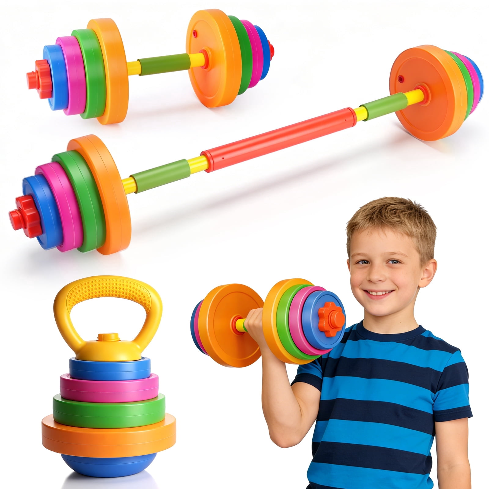 AuntyFey 3-in-1 Kids dumbbell Fitness Set with Adjustable Barbell, Kids Gym Equipment for Pretend Play