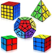 AuntyFey 5 Pack Magic Speed Cube Set, 2x2, 3x3, 4x4, Triangle Megaminx Stickerless Speed Cubes for Kids & Adults