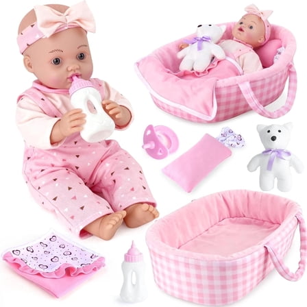 AuntyFey Baby Doll Set, Baby Doll Bassinet with Accessories for Girl Toddlers with Bottle, Teddy Bear, Pillow, Blanket, Perfect Gift for Girls