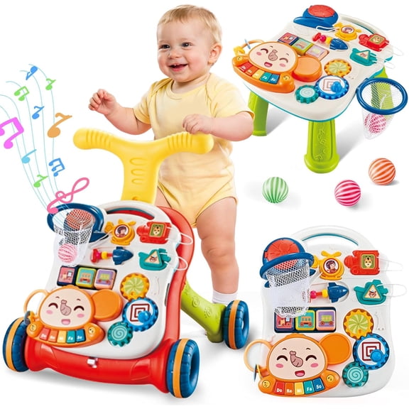 AuntyFey 3-IN-1 Baby Push Walker with Activity Center, Baby Walking Toy for 1 Year old Learning to Walk, Sit to Stand Baby Walker for Toddlers, Red