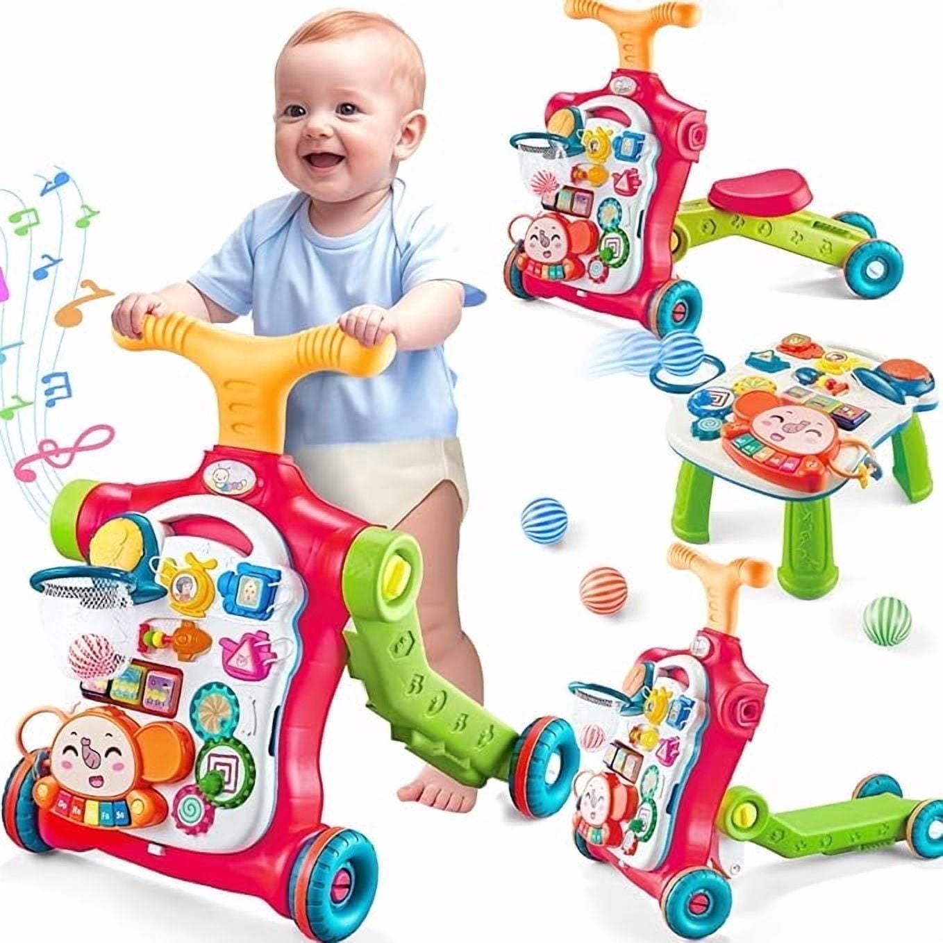 AuntyFey 5-in-1 Baby Walker, Adjustable Height Push Walker with Wheels, Sit to Stand Infant Learning Toy for Boys Girls, Red