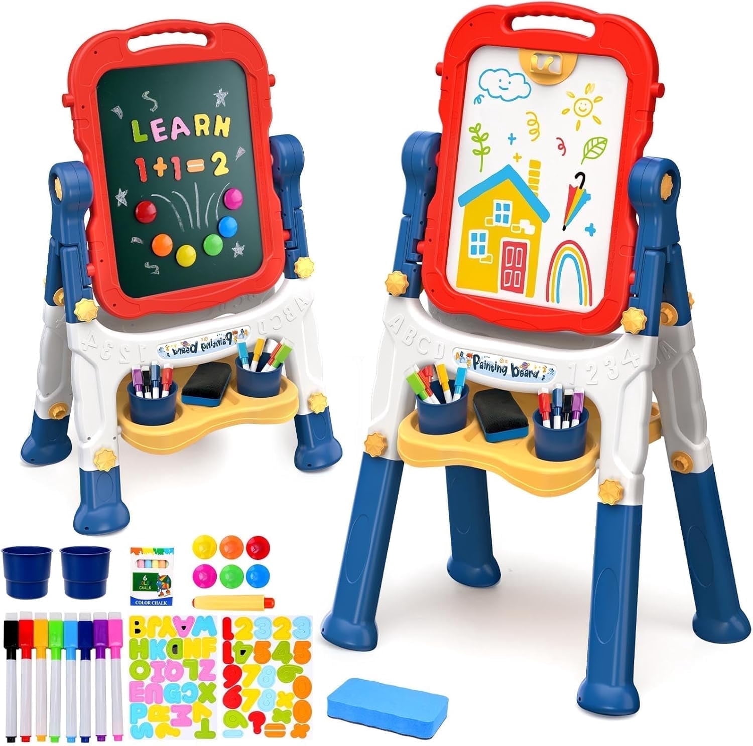 AuntyFey Art Easel for Kids, Adjustable Double-Sided with Chalk Board & Magnetic Whiteboard for Toddlers, Blue & Red