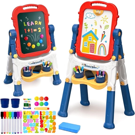 AuntyFey Art Easel for Kids, Adjustable Double-Sided with Chalk Board & Magnetic Whiteboard for Toddlers, Blue & Red