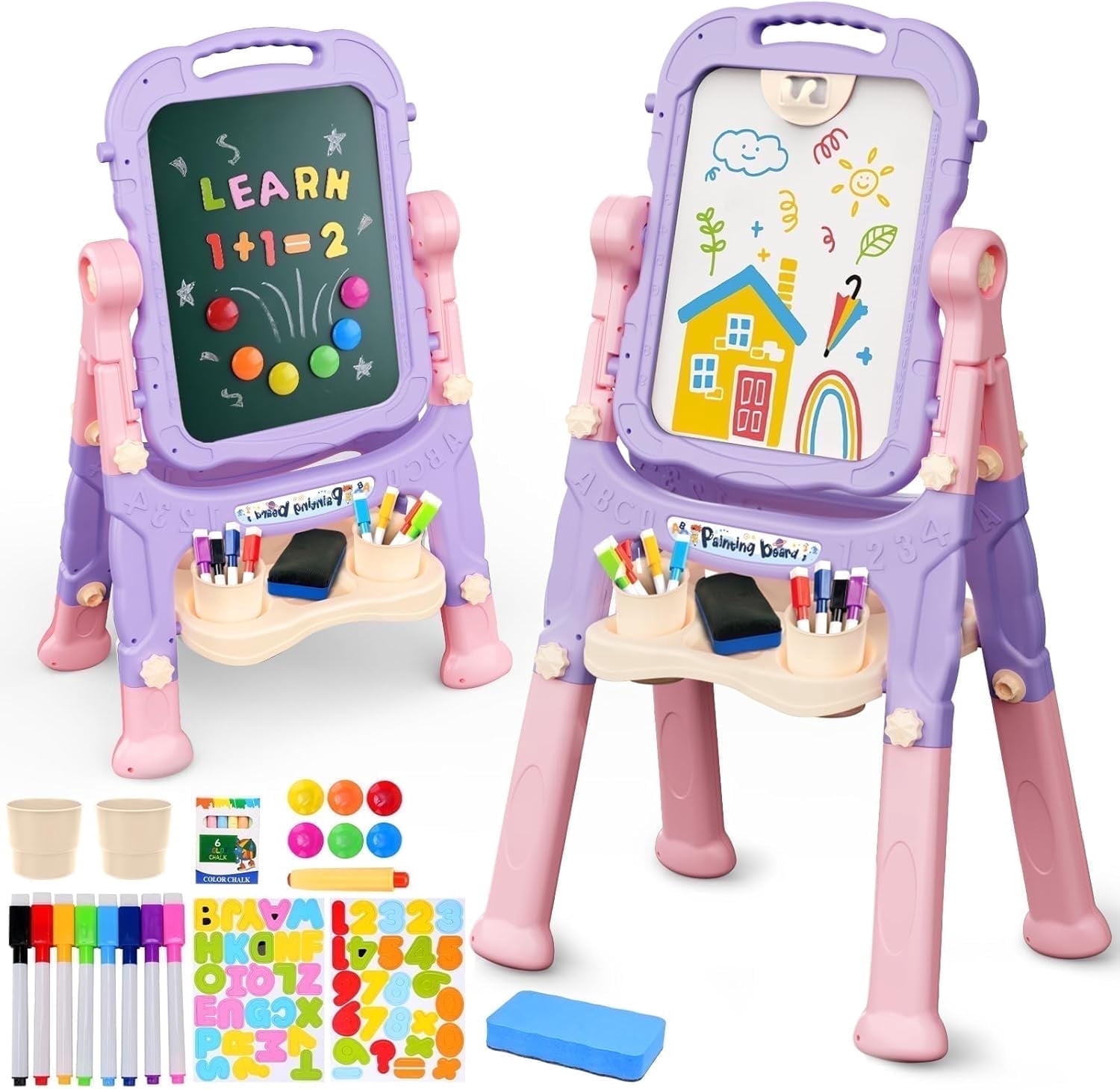 AuntyFey Art Easel for Kids, Adjustable Double-Sided with Chalk Board & Magnetic Whiteboard for Toddlers, Pink&Purple