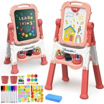 AuntyFey Easel for Kids, Adjustable Double-Sided with Chalk Board & Magnetic Whiteboard for Toddlers, Red & Pink