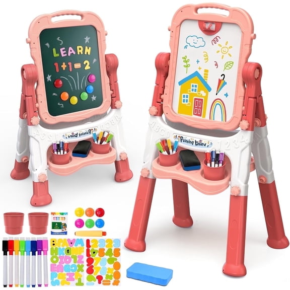 AuntyFey Art Easel for Kids, Adjustable Double-Sided with Chalk Board & Magnetic Whiteboard for Toddlers, Red & Pink