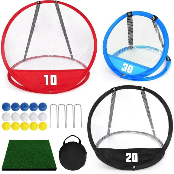 AuntyFey Golf Chipping Net, 3 Pcs Pop-Up Golf Practice Net for Backyard with 3 Targets, 15 Balls, 1 Hitting Mat, 1 Storage Bag
